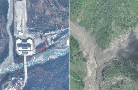 नेपाल-चीन सीमा पर स्थित रासुवागढ़ी बॉर्डर पॉइंट की आपदा से पहले और बाद की तस्वीर।
